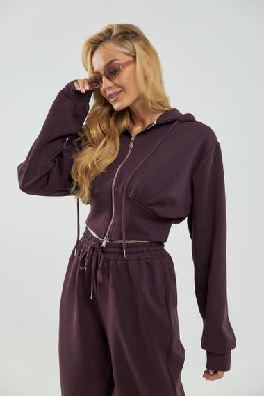 Жіночий спортивний костюм з коротким худі та вільними штанами - баклажан цвет, ONE SIZE (є розміри) | Зображення 2