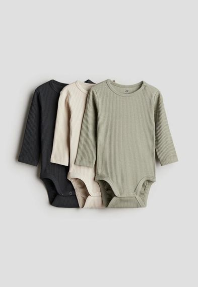 Набір дитячих боді 3 шт для новонароджених хлопчиків H&M 62 см Бежевий/Хакі/Чорний (26010701)