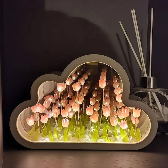 Ночник настольный Облако с тюльпанами, 20х13х4 см / Светодиодный светильник зеркало / Ночник в форме облака | Зображення 2