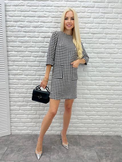 Женское теплое короткое платье принт гусиная лапка GF2558 размер 42/44, цвет черный | Зображення 3