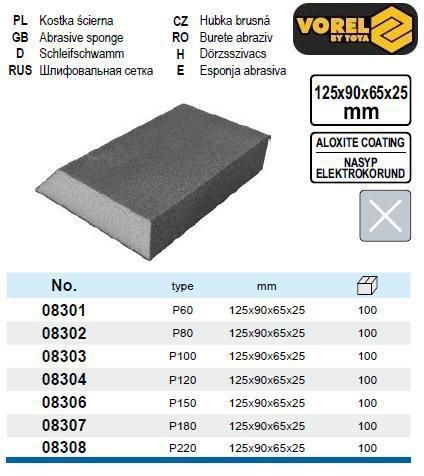 Губка шлифовальная трепецевидная Р80 125х90х65 мм h-25 мм VOREL-08302