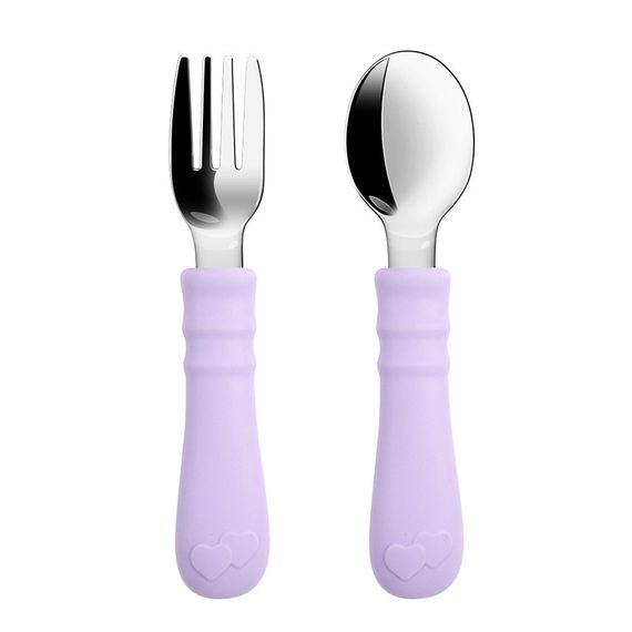 Приборы металлические детские ложка и вилка с силиконовыми ручками Фиолетовые