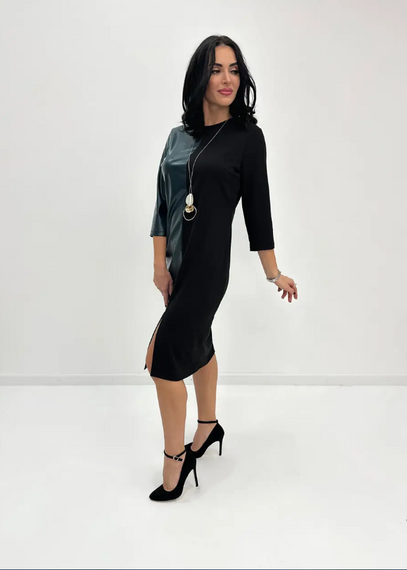 Женское красивое нарядное платье с экокожей GF8977 размер 42/44 цвет черный с зеленым | Зображення 2