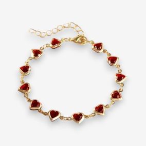 Браслет жіночий червоний з фіанітами у вигляді сердець регульована застібка 15+5 см