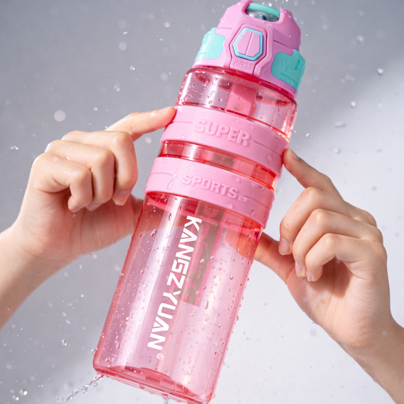 Спортивная бутылка для воды KANGZYUAN 1000 мл (1 л) Розовая - Ударопрочный Тритан (BPA Free) с ремешком и шкалой | Зображення 9