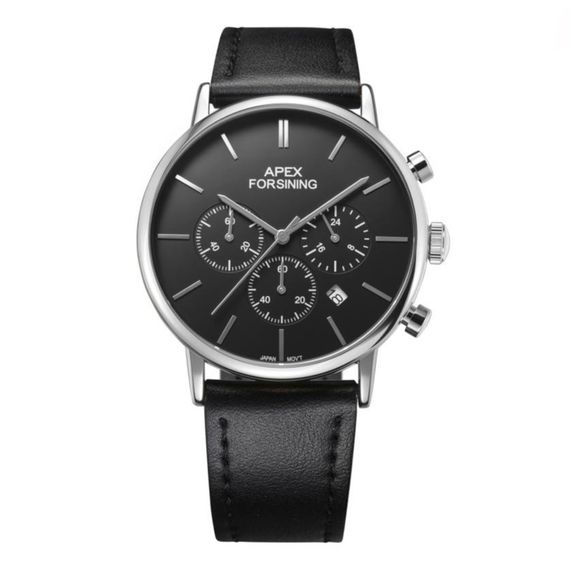 Чоловічий годинник Forsining 8312 Black-Silver з хронографом та шкіряним ремінцем