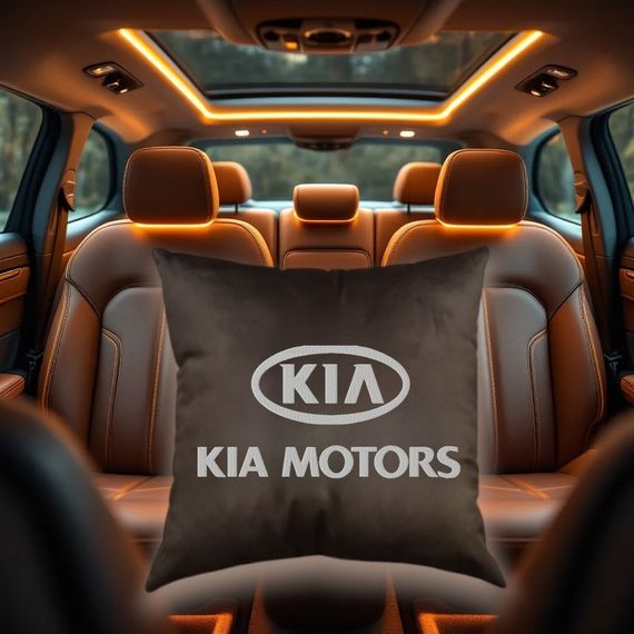 Авто Подушка c вышивкой логотипа марки киа Kia коричневый автомобилисту 02222