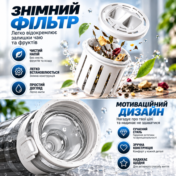 Спортивная бутылка KANGZYUAN 700 мл - Белая Tritan BPA-free, ударопрочная эко-бутылка с фильтром и ремешком | Зображення 4