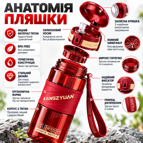 Спортивная бутылка KANGZYUAN 700 мл красная - Tritan BPA Free, ударопрочная эко-бутылка для воды с герметичной крышкой и ремешком | Зображення 4