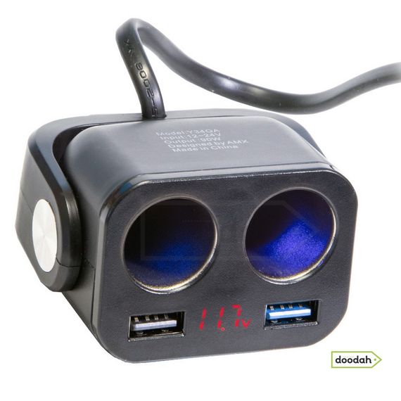 Зарядний пристрій із прикурювачами - Ozio Y34QA. 12-24V, 90W, 2 USB, QC3.0, 70см. Гарантія 6 міс. | Зображення 4