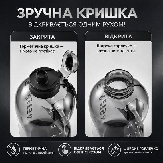 Бутылка для воды спортивная 2700 мл Черная Прозрачная, из безопасного пищевого пластика (BPA Free) | Зображення 2