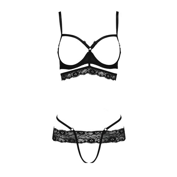 Комплект білизни Passion Exclusive SARIA SET OpenBra S/M, black, стрепи, відкритий ліф, стрінги | Зображення 4