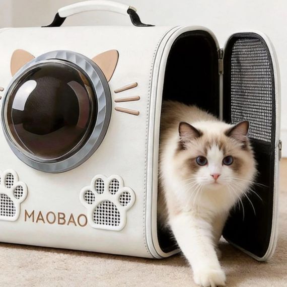 Рюкзак-переноска S-cat2 36×24×40 см білий • Рюкзак для котів S-cat2 з прозорим вікном, вентиляцією та декоративними вушками | Зображення 2