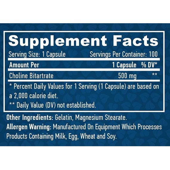 Комплекс для кожи, волос, ногтей Haya Labs Choline Bitartrate 500 mg 100 Caps | Зображення 1