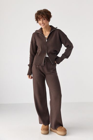Трикотажний костюм із кофтою на блискавці та штанами - коричневий цвет, ONE SIZE (є розміри)
