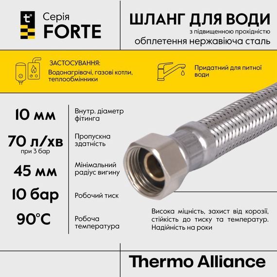 Шланг Forte для води D10, 80 см, неіржавке обплетення 1/2"x1/2" ВВ TAF384W80 Thermo Alliance | Зображення 3