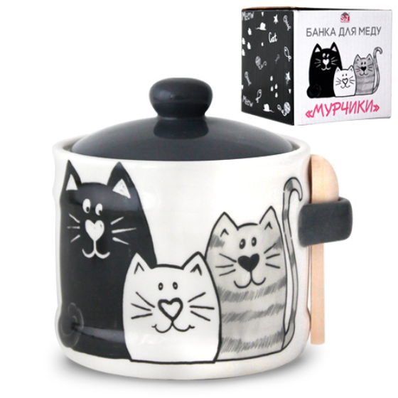 Ємність для меду Мурчики 420мл d10см/h8,5см з дерев'яною ложкою S&T 2370-19