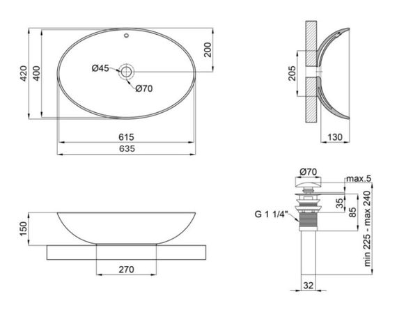 Комплект Qtap Dove: Раковина накладна овальна 635x420x150 мм White + Донний клапан PU02O (QT06113077WN47309) | Зображення 1