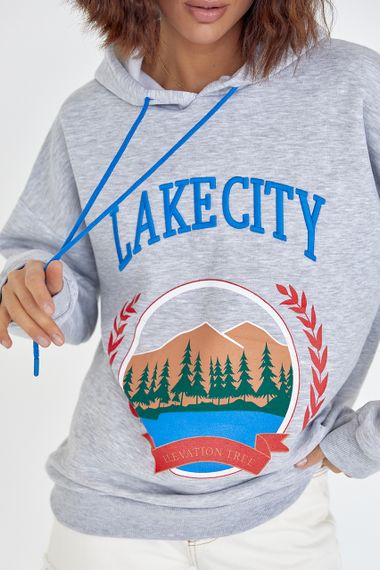 Утепленное худи с принтом и надписью Lake city - светло-серый цвет, L (есть размеры) | Зображення 3