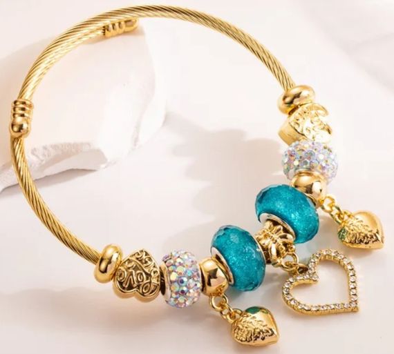 Браслет Twisted Rope з підвісками у формі сердець та шармами - Blue&Gold