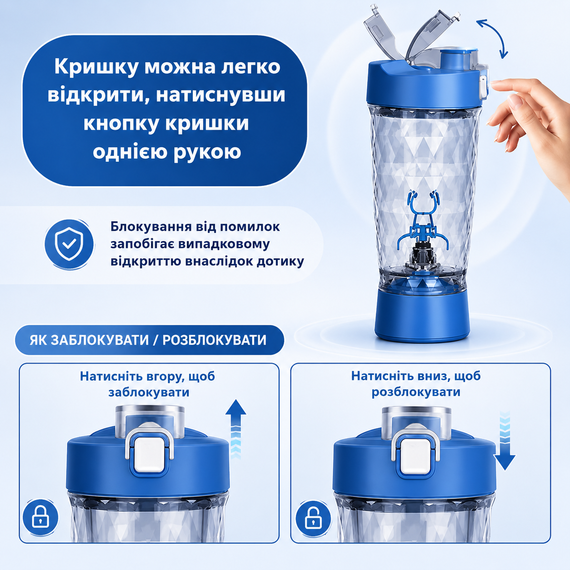 Электрический шейкер 650 мл — Синий, аккумуляторный с LED-подсветкой и контейнером для смеси | Зображення 1