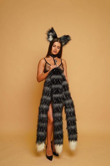 Анальний потрійний хутряний хвіст без пробки, Чернобурий з білим кінчиком, OKOVA 100 см. sexstyle | Зображення 2