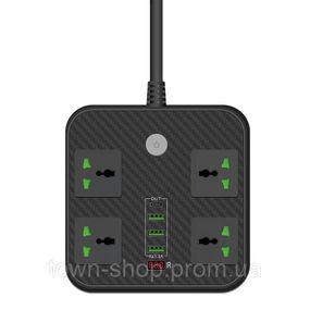 Сетевой фильтр ТВ-Т90, 4 розетки + 3 USB, 2 м, сечение 3х0,75мм, 3000W, Black, Box