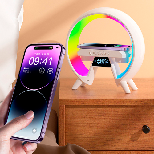 Аккумуляторный светильник XM-X63, RGB ночник, часы, беспроводная зарядка, Bluetooth колонка | Зображення 6