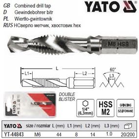 Сверло метчик YATO М6х1 мм HSS М2 HEX-1/4" l=44/8 мм YT-44843