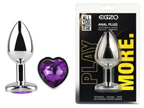 Анальна пробка EGZO Silver Heart Plug M, металева, з фіолетовим кристалом Sex Aura