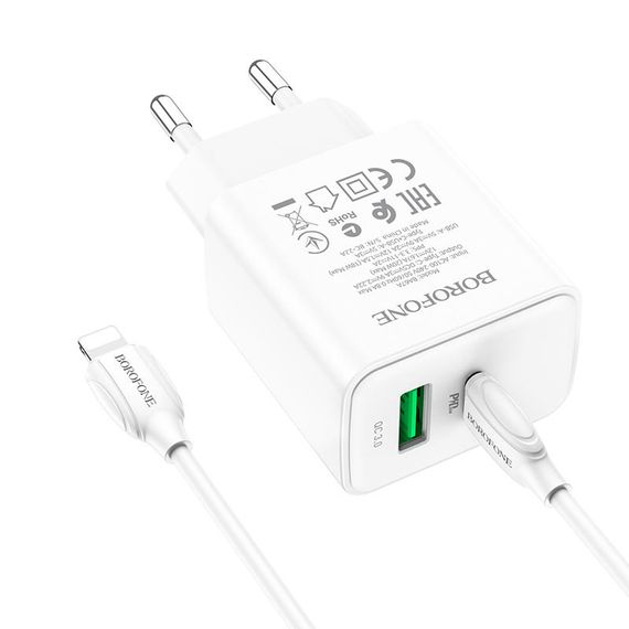 МЗП Borofone BA67A PD20W+QC3.0 (1USB-A/1C) + кабель Type-C to Lightning Білий | Зображення 1