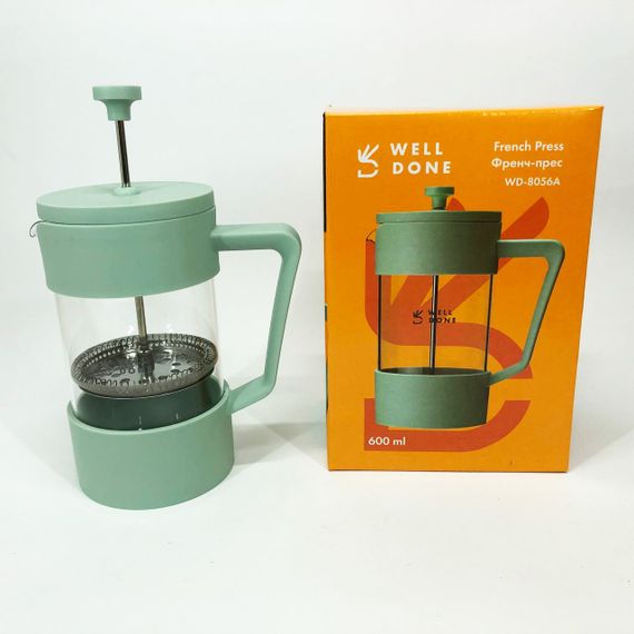 Френч-прес Well Done WD-8056A 600 мл м'ятний, Стильний скляний чайник для заварювання, Френч для чаю | Зображення 1