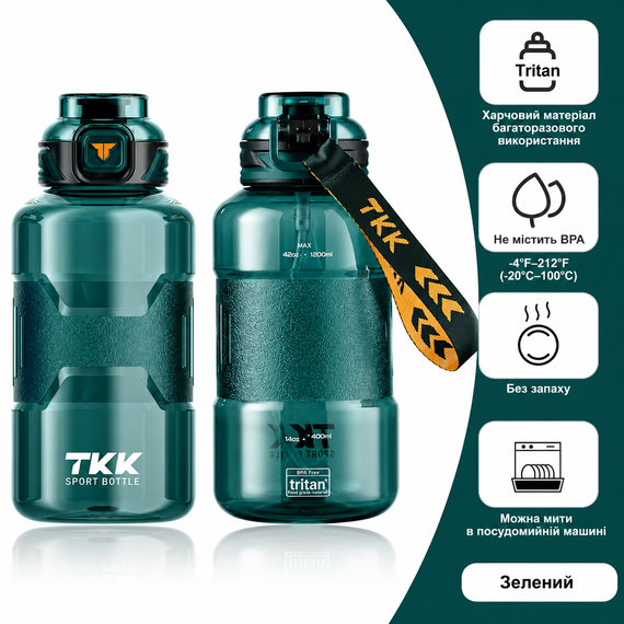 Спортивная бутылка TKK 1500 мл (1.5 л) - Зеленая Tritan BPA-free, ударопрочная эко-бутылка с антискользящей вставкой | Зображення 1