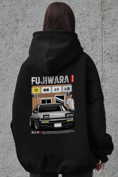 Оверсайз худі толстовка на флісі з капюшоном та принтом Without Fujiwara Black | Зображення 4