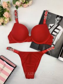 Комплект красного женского нижнего белья Victoria’s Secret Модель Буквы Стразы Виктория Сикрет