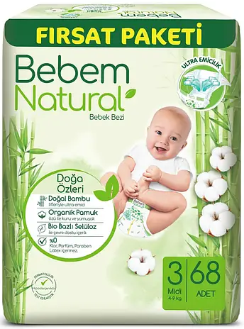 Підгузки одноразові дитячі BeBem Natural midi 3 4-9 кг - 68 шт.
