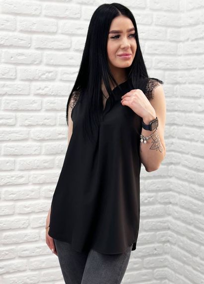 Женская легкая летняя удлиненная блуза с кружевом GF04171 цвет черный, размер 46