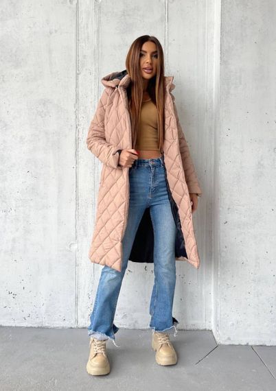 Женская длинная теплая куртка-пальто стеганая силикон 200, NA1044 цвет мокко, размер 42/44 | Зображення 4