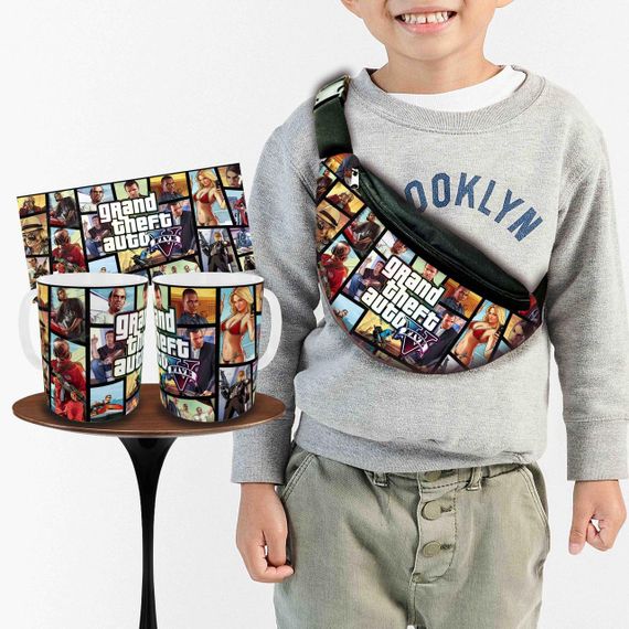 Набір: дитяча сумка-бананка+кружка GTA «Grand Theft Auto V» 32х15см, бананка для хлопчика через плече на подарунок (00882)