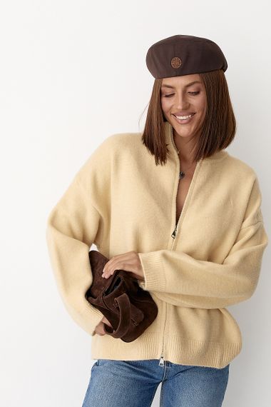 Теплий в'язаний кардиган на блискавці - бежевий цвет, ONE SIZE (є розміри) | Зображення 4
