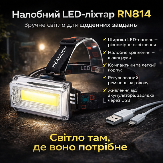 Фонарь налобный RN814, USB-зарядка / Аккумуляторный фонарик на голову с регулируемым углом наклона