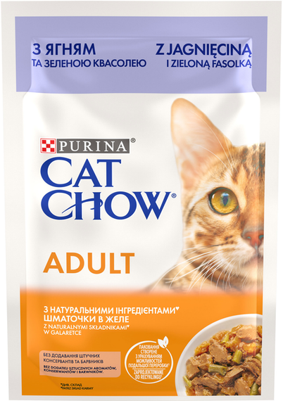 Вологий корм Purina CAT CHOW Adult для дорослих котів, ягня та зелена квасоля 85г