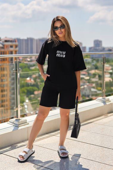 Женский летний костюм шорты и футболка свободный GF7825 цвет черный, размер 42/44