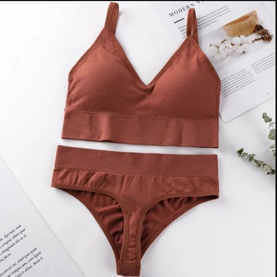 Комплект женского нижнего белья в рубчик S/M  коричневый | Зображення 1