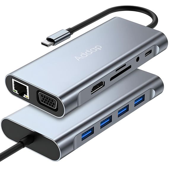 11в1 Type-C хаб для ноутбука Addap MH-13, многофункциональный разветвитель: 4 x USB 3.0 + Type-C + HDMI + VGA + Ethernet + SD + MicroSD + 3.5mm | Зображення 1
