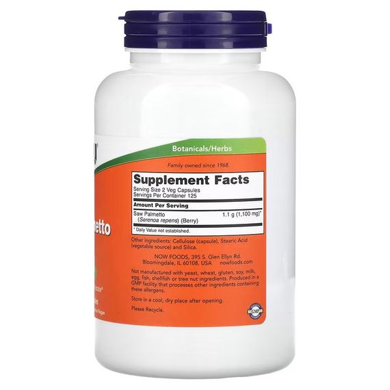 Со пальметто NOW Saw Palmetto Berries, 550 mg, 250 Veg Capsules | Зображення 1