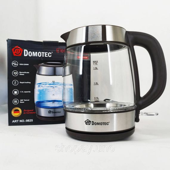 Скляний електричний чайник стильний Domotec MS-7946 1.7л 2200Вт, Потужний електричний електрочайник UY-66 | Зображення 1