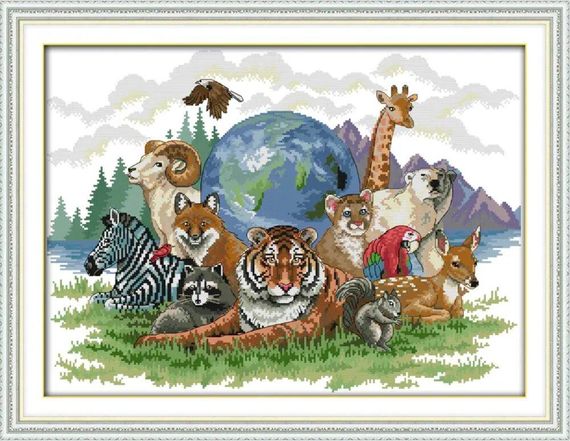 Набор для вышивания по нанесённой на канву схеме  "Animal world (3)".AIDA 14CT printed, 55*42 см