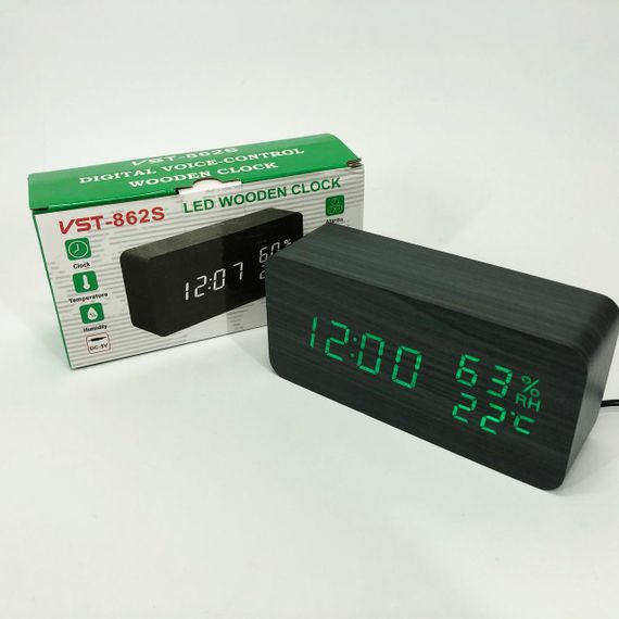 Электронные настольные часы VST-862S-4 черные с зеленой подсветкой, с датчиками температуры и влажности | Зображення 9