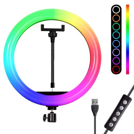 Кільцева RGB лампа 33 см, від USB, з тримачем для телефону, RING MJ33 / Світлодіодне селфі-кільце